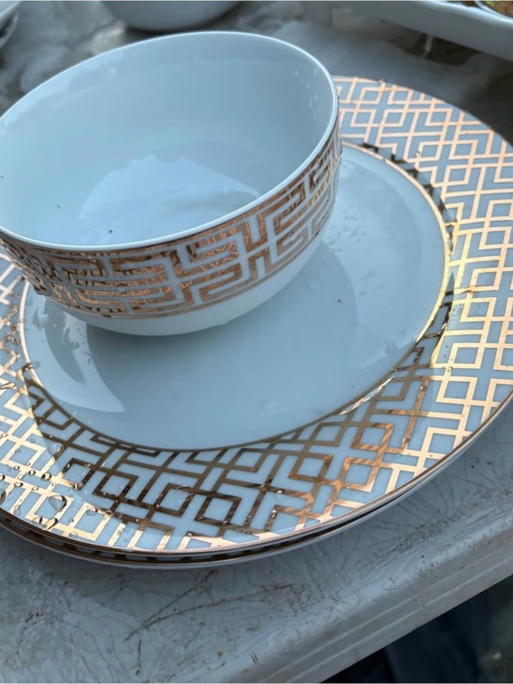 Z Gallerie White Dinner Plate and Bowl Set with Gold Geometric Accent
